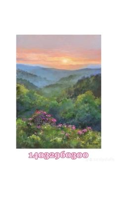 a painting of mountains and flowers with the sun setting in the background