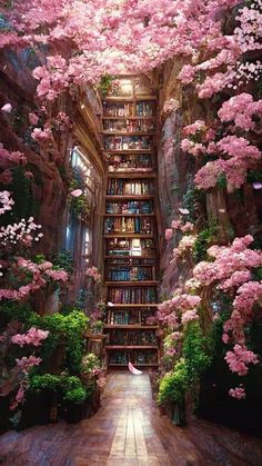 a book shelf filled with lots of books next to pink flowers and trees in the background