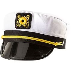 Make a commanding appearance in a Skipper Captain Hat! This official ship captain's hat features an embroidered gold nautical emblem on the front with a shiny black brim and gold braided rope detail. It's great for nautical-themed parties, boat parties, or just another day on the yacht. No sailor costume is seaworthy without one! 8in wide x 9 1/2in long x 4in tallNylon and plasticSnap closureOne size fits most teens and adults Captain's Hat, Hat Halloween Costume, Sailor Costume, Nautical Themed Party, Boat Captain, White Costumes, Fancy Dress Up, Sailor Hat, Halloween Costume Shop