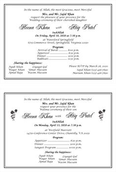 two wedding program cards with black and white ink on them, one is for the bride and