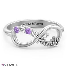 two stone ring with the words always and forever engraved on it