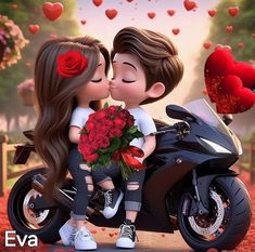 a couple kissing on the back of a motorcycle with hearts flying above them and trees in the background