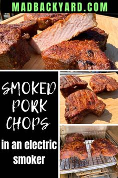 smoked pork chops in an electric smoker with the words smoked pork chops