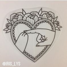 a heart shaped sticker with flowers and hands on it's side in the shape of a hand