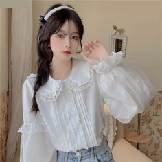 Hnewly Sweet Lolita Long Sleeve White Shirts Women Japanese Lace Ruffl – hnewly Girly Tops, Ripped Jeans Style, Soft Girl Outfits, Princess Shirt, Doll Collar, Kawaii Doll, White Shirts Women, Mesh Blouse, Sleeves Blouse