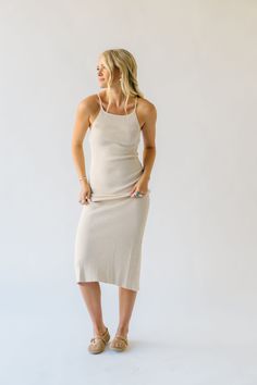 Embrace effortless style with The Aplin Ribbed Tank Midi Dress in Natural. Made with soft ribbed fabric, this dress offers all-day comfort and features a flattering midi length. Perfect for any occasion, this dress is a must-have for your wardrobe. (Score!) Details self/lining: 73% viscose + 27% nylon Fabric Care Guide Here Sizing & Fit Measurements are approximate and taken while laying flat across the front. Not doubled. small: bust = "; waist = "; length = " medium: bust = "; waist = "; length = " large: bust = "; waist = "; length = " Ribbed Midi Dress For Summer Day Out, Ribbed Midi Dress For A Summer Day Out, Ribbed Maxi Dress For Spring, Chic Ribbed Midi Dress For Brunch, Knee-length Ribbed Dress For Day Out, Ribbed Knee-length Dress For Day Out, Elegant Fitted Midi Dress For Everyday, Spring Ribbed Midi Length Maxi Dress, Spring Ribbed Midi Dress