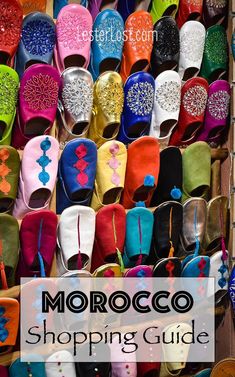 colorful shoes with the words morocco shopping guide on them in front of a store display