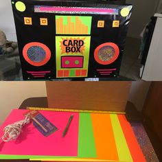 an old school juke box is decorated with neon colors and sparkles for the party