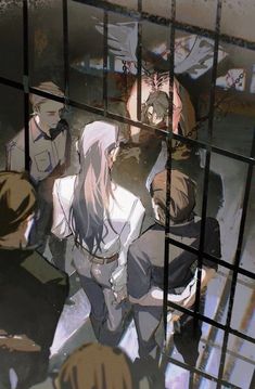 an anime scene with people behind bars