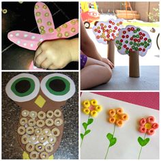 four pictures with different types of arts and crafts for kids, including an owl tree