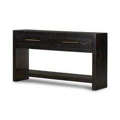 a black console table with two drawers on one side and an open drawer at the top