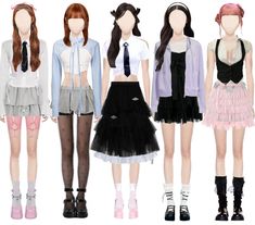 several different types of female mannequins with short skirts and ties on them