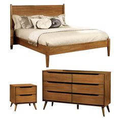 a bed, dresser and night stand are shown in three different positions on the same side