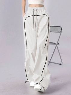 White Casual Collar  Woven Fabric Plain Parachute Embellished Non-Stretch  Women Clothing White Drawstring Trousers, White Baggy Drawstring Pants, White Wide Leg Parachute Pants With Drawstring, White Straight Pants With Drawstring, White Cotton Wide Leg Pants With Drawstring, White Wide Leg Pants With Drawstring, White Drawstring Parachute Pants For Streetwear, White Ankle-length Drawstring Pants, Trendy White Wide-leg Parachute Pants