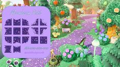 an animal crossing game with lots of purple flowers on the ground and trees in the background