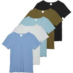 Introducing our 5 Pack of Women's Soft Ribbed Short Sleeve V-Neck T-Shirts, designed to be your versatile summer staple. Crafted with a focus on both style and comfort, these tees offer endless possibilities for casual chic outfits. Each shirt features a classic V-neckline and a soft ribbed texture, adding a touch of elegance to your everyday look. Whether you're running errands, catching up with friends, or simply relaxing at home, these tees provide the perfect balance of comfort and sophistic Summer Tee Shirts, Casual Chic Outfits, Ribbed Shorts, Ladies Tee Shirts, Ribbed Texture, Casual Chic Outfit, Summer Tee, Basic Tops, Graphic Tees Women