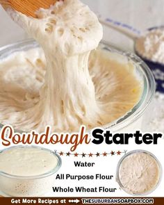 the ingredients for sourdough starter are being stirred in a bowl with a wooden spoon