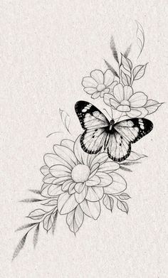 a black and white drawing of a butterfly sitting on top of a flower with leaves