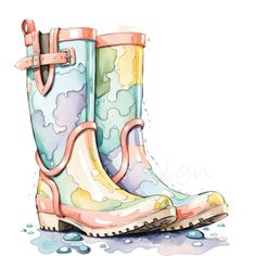 a pair of colorful rain boots sitting on top of a puddle covered ground with water droplets