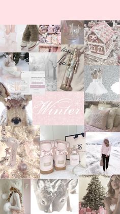 a collage of pink and white pictures with the words winter