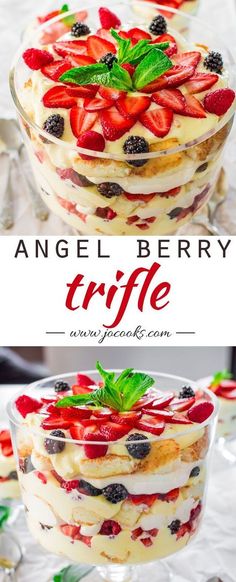 an angel berry trifle in a glass dish with berries on top and the words angel berry trifle below