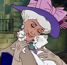 an old woman holding a cat and wearing a purple hat