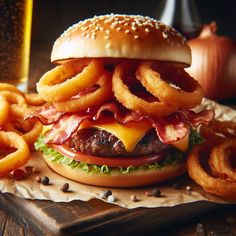 a bacon cheeseburger with onion rings on a cutting board next to some beer