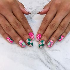 ❤️‍🔥 NAILS BY GRACE ❤️‍🔥 on Instagram: “Okayyyy but the vibes of this pink green set are killer 💓🧚🏼💅🏼🌲🎀🐍🌸🥑 - #nails #gelnails #dunedin #student #unistudent #dunedinnails…” Pink Western Nails Acrylic, Pink And Dark Green Nails, Christmas Western Nails, Funky Nail Art Acrylic, Rodeo Nails Designs, Colorful Almond Nails, Pink And Green Nails Design, Punchy Nails Designs, Green Blue Nails