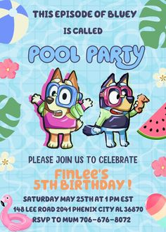 a pool party flyer with two cartoon dogs