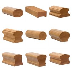 six different types of wooden furniture on a white background with clippings for each piece