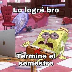 an animated spongebob sitting in front of a laptop computer with the caption'la logre bro termine el semestre '