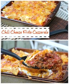 two pictures of chili cheese frito casserole