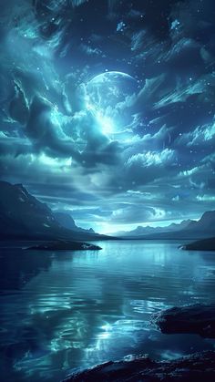 the night sky is full of stars and clouds, as well as some blue water