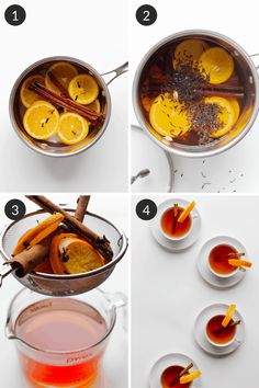 steps to make an orange tea recipe with cinnamon, lemons, and ginger syrup