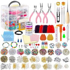 the contents of a crafting kit including scissors, beads and other items are shown