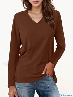 Orcajump - Chic and Relaxed Long-Sleeve Solid Color Blouse Casual Solid Color V-neck Long Sleeve Top, Brown V-neck Solid Color Top, Brown Solid Color V-neck Top, Casual Long Sleeve Solid Color V-neck Top, Brown Casual Long Sleeve Top For Fall, Brown Solid Color Tops For Work, Plain V-neck Top For Fall, Plain Brown Tops For Fall, Casual Solid V-neck Long Sleeve Top