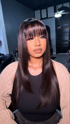 Bangs With Middle Parting, Bangs With Face Framing Layers, Layers With Wispy Bangs, Fringe Wigs, Wig With Fringe, Straight Wig With Bangs, Color Block Hair, Layered Wig, Sleek Ponytail Hairstyles