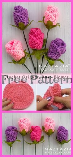 crochet flowers are shown in different colors and sizes, with the words free pattern below