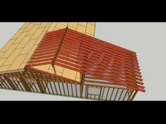 an artistic rendering of a building made out of wood and red metal bars on the roof