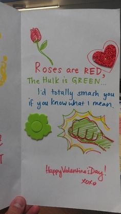 someone is holding up a handmade valentine's day card with the words roses are red, the hulk is green