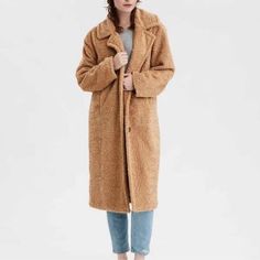 Questions? Leave A Comment Below! Oversized Beige Fur Coat, Brown Sherpa Outerwear For Winter, Brown Sherpa Outerwear With Pockets, Brown Sherpa Outerwear For Fall, Oversized Brown Fur Coat With Long Sleeves, Cozy Brown Long Sleeve Fur Coat, Camel Long Coat With Pockets, Cozy Long Beige Coat, Casual Long Camel Coat