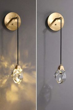 two different lights that are on the side of a wall and one has a light bulb attached to it