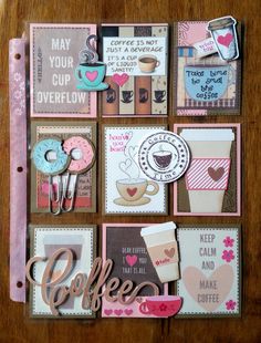 a wooden table topped with lots of different types of cards