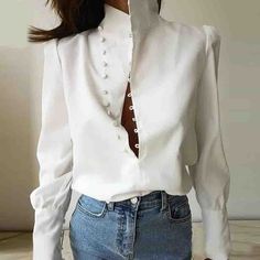 Woman Blouse Fashion, Stand Collar Blouse, Stand Collar Top, Fall Blouse, Mode Boho, Puff Long Sleeves, White Long Sleeve Shirt, Collar Top, Collar Blouse