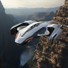 a futuristic car flying over a cliff in the sky with mountains and water behind it