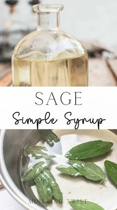 sage syrup in a glass bottle and on a plate