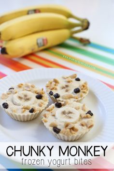 three frozen yogurt bites on a plate with bananas in the background and text chunky monkey