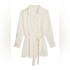 Short Ivory Silk Robe Cream Long Sleeve Blouse For Loungewear, Long Sleeve Cream Blouse For Loungewear, Elegant White Blouse For Loungewear, Elegant Winter White Tops For Workwear, Elegant Off-white Tops For Work, Elegant Winter White Workwear Tops, Elegant Beige Top For Loungewear, Chic White Tops With Tie Waist, White Tie Waist Top For Day Out