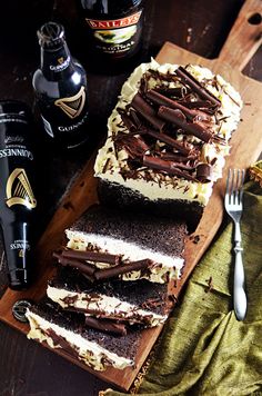 there is a piece of cake on the cutting board