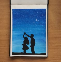 a painting of two people reaching for the stars